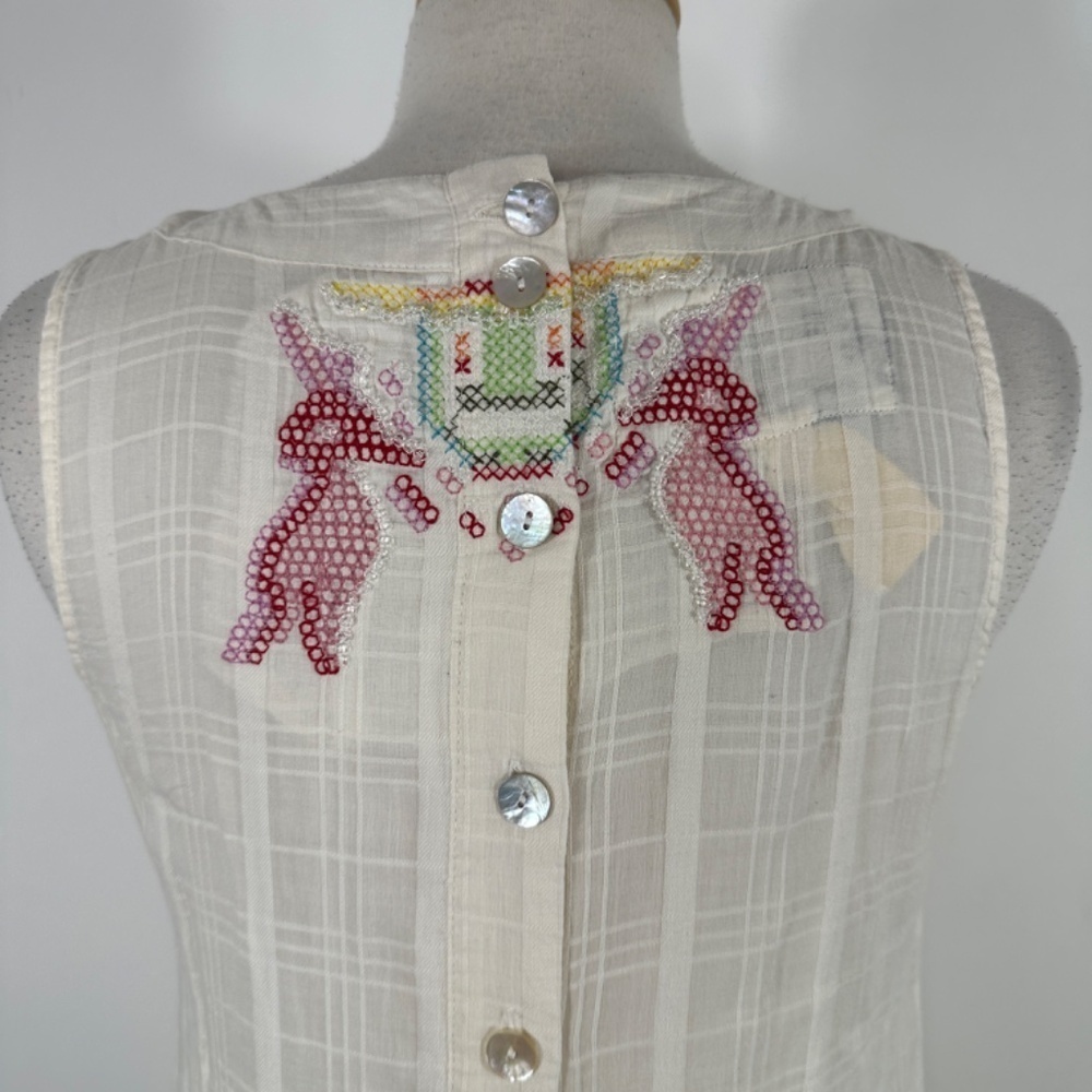 Y2K Da-Nang White Boho Sleeveless Cotton Embroidery Beaded Shift Dress Size S - Picture 10 of 15